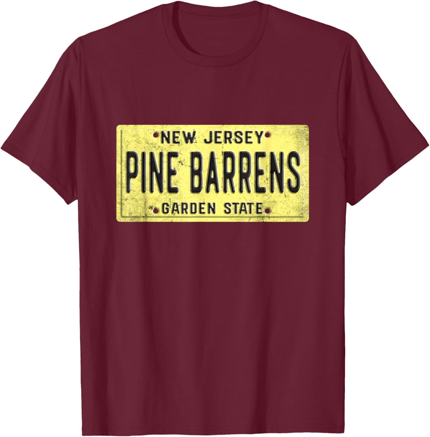 Pine Barrens New Jersey Retro Distressed NJ License Plate T-Shirt - T-Shirt | Maroon