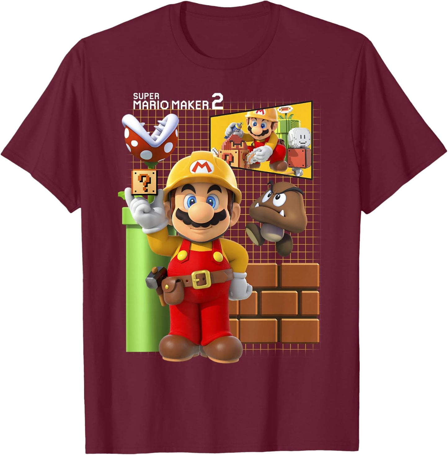 Super Mario Maker 2 Game Play Portrait Grid Background T-Shirt - T-Shirt | Maroon