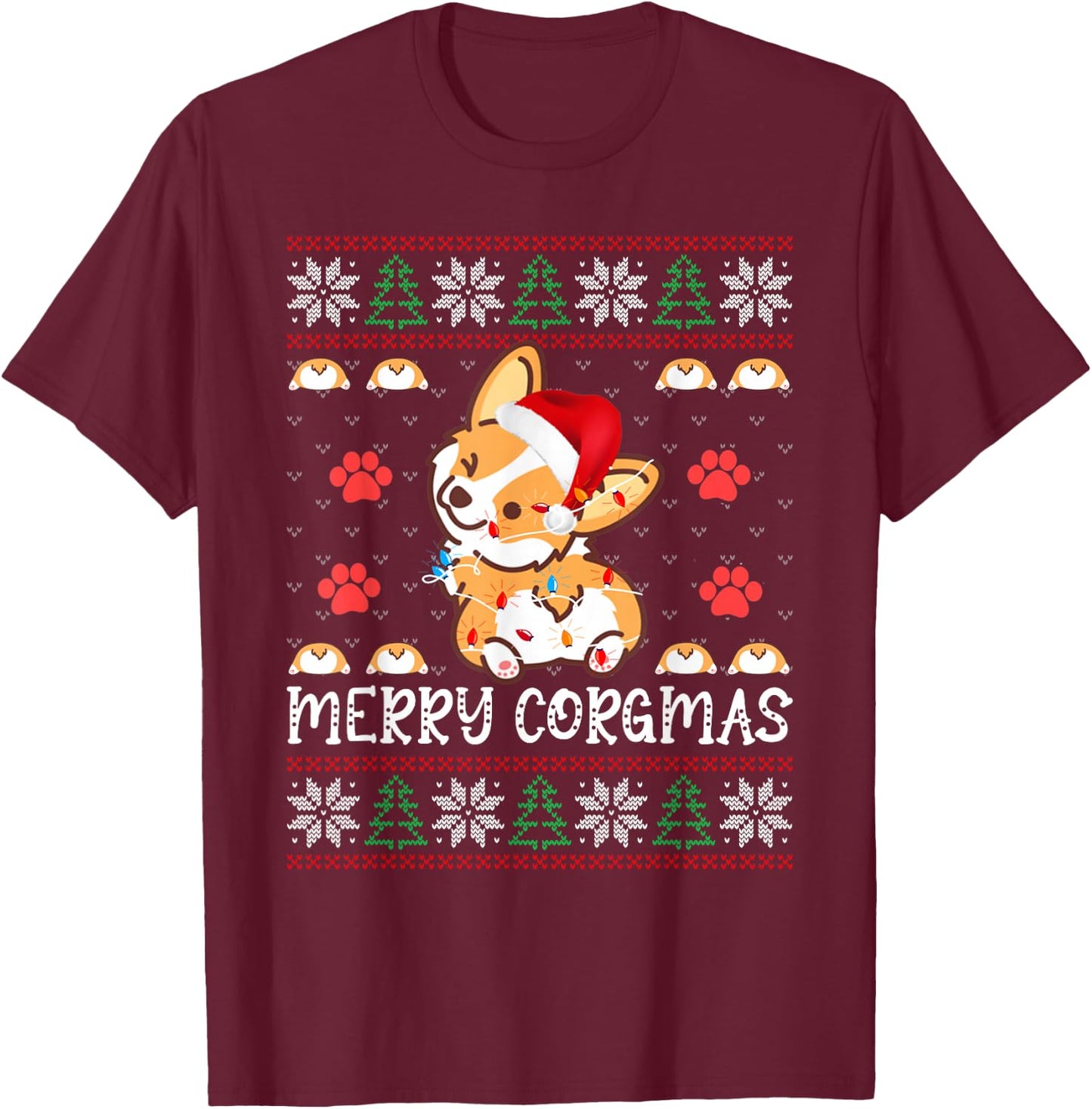 Merry Corgmas Santa Claus Corgi Dog Xmas Tree Ugly Christmas T-Shirt - T-Shirt | Maroon