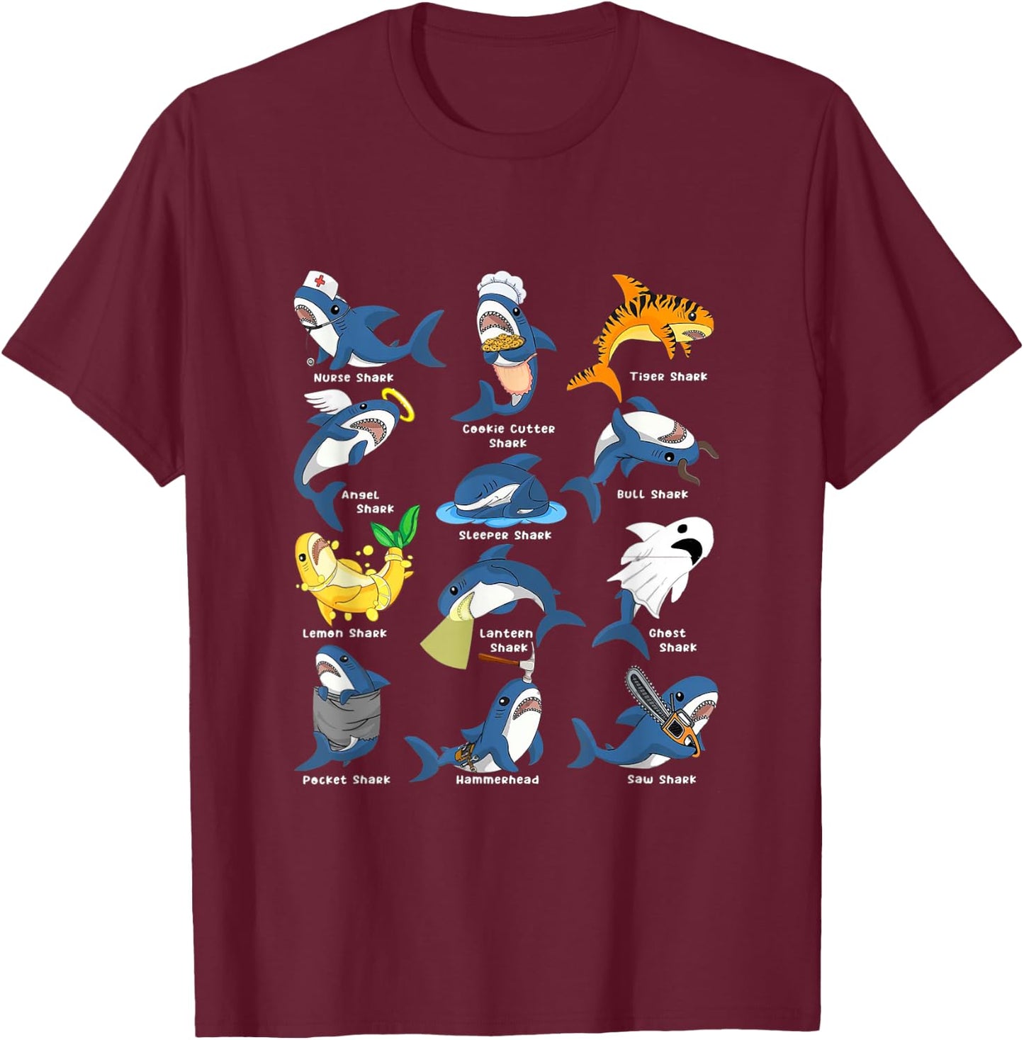 Type of Sharks Costume Shark Nurse Angel Shark Sleeper Shark T-Shirt - T-Shirt | Maroon