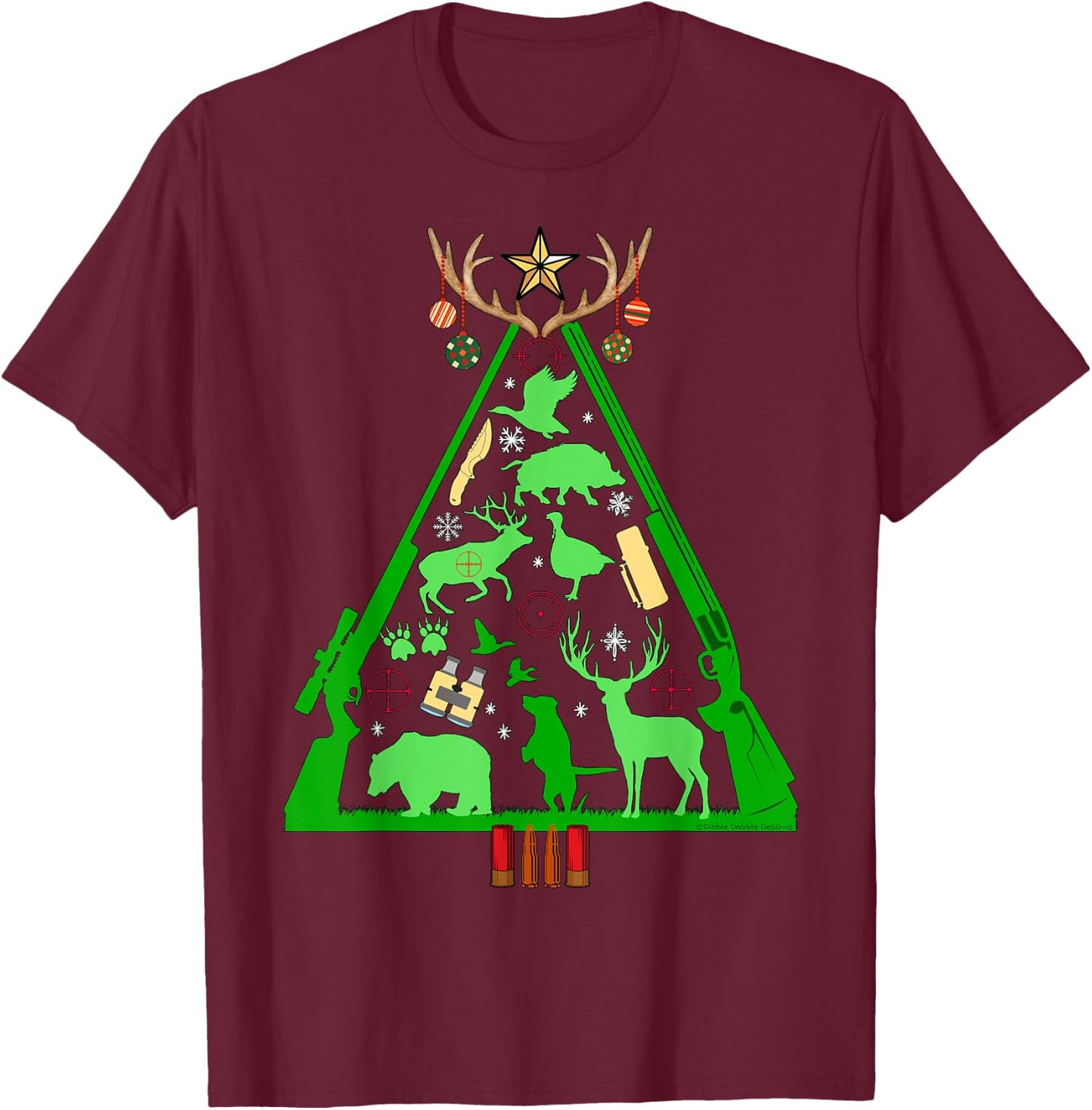 Fun Hunting Deer and Elk Hunter Christmas Tree Hunters T-Shirt - T-Shirt | Maroon