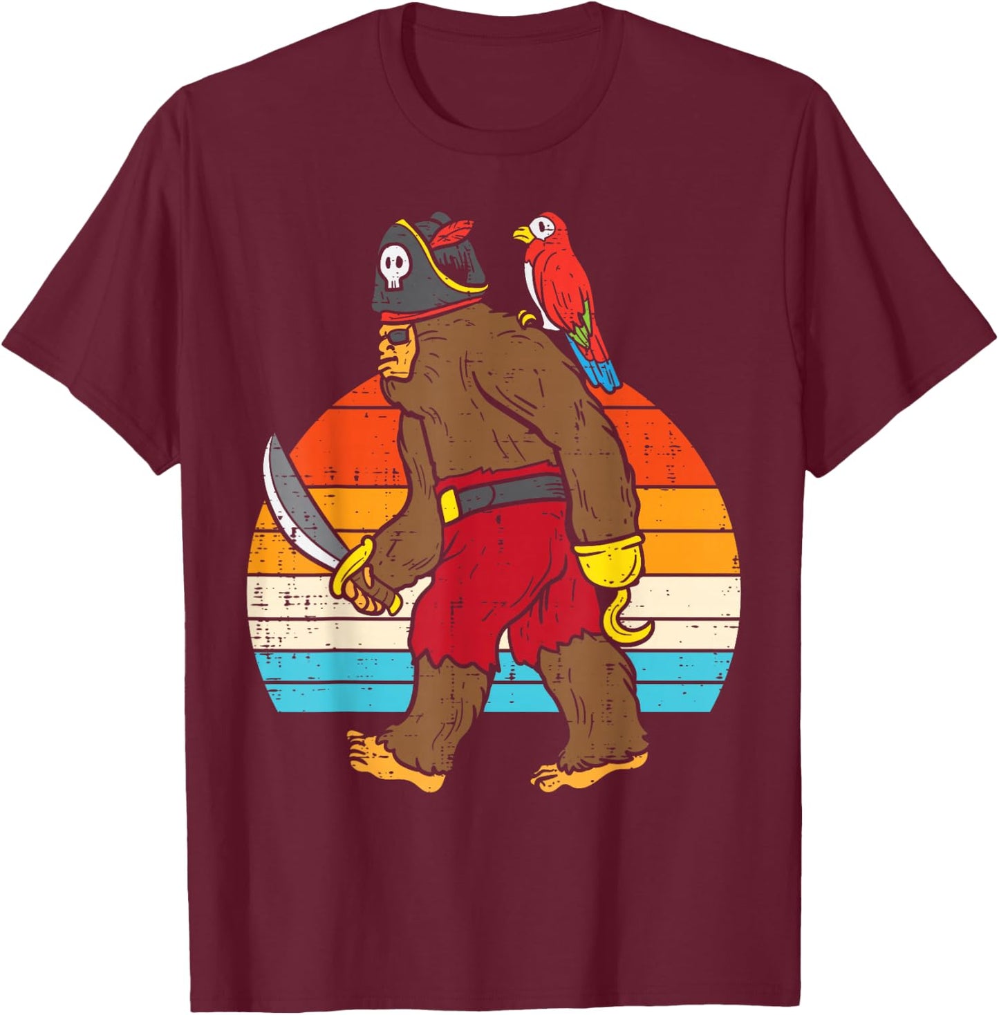 Bigfoot Sasquatch Pirate Parrot Retro Halloween Men Boys T-Shirt - T-Shirt | Maroon