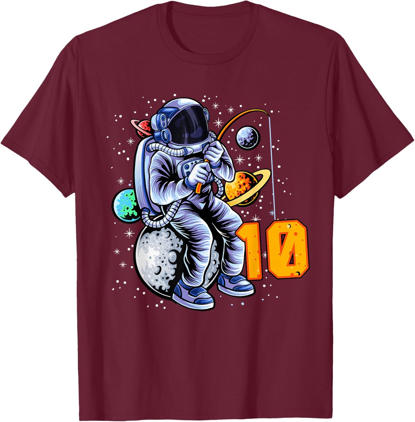10 Years Old Birthday Boy Astronaut Gifts Space 10th B-Day T-Shirt - T-Shirt | Maroon