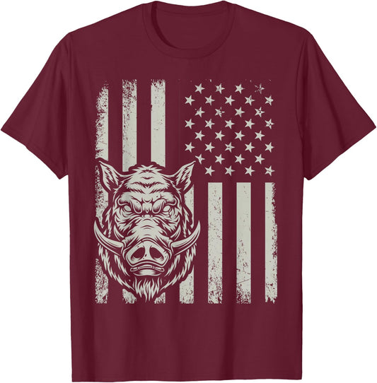 Proud Patriotic Wild Boar Hunting Lover American Flag T-Shirt - T-Shirt | Maroon