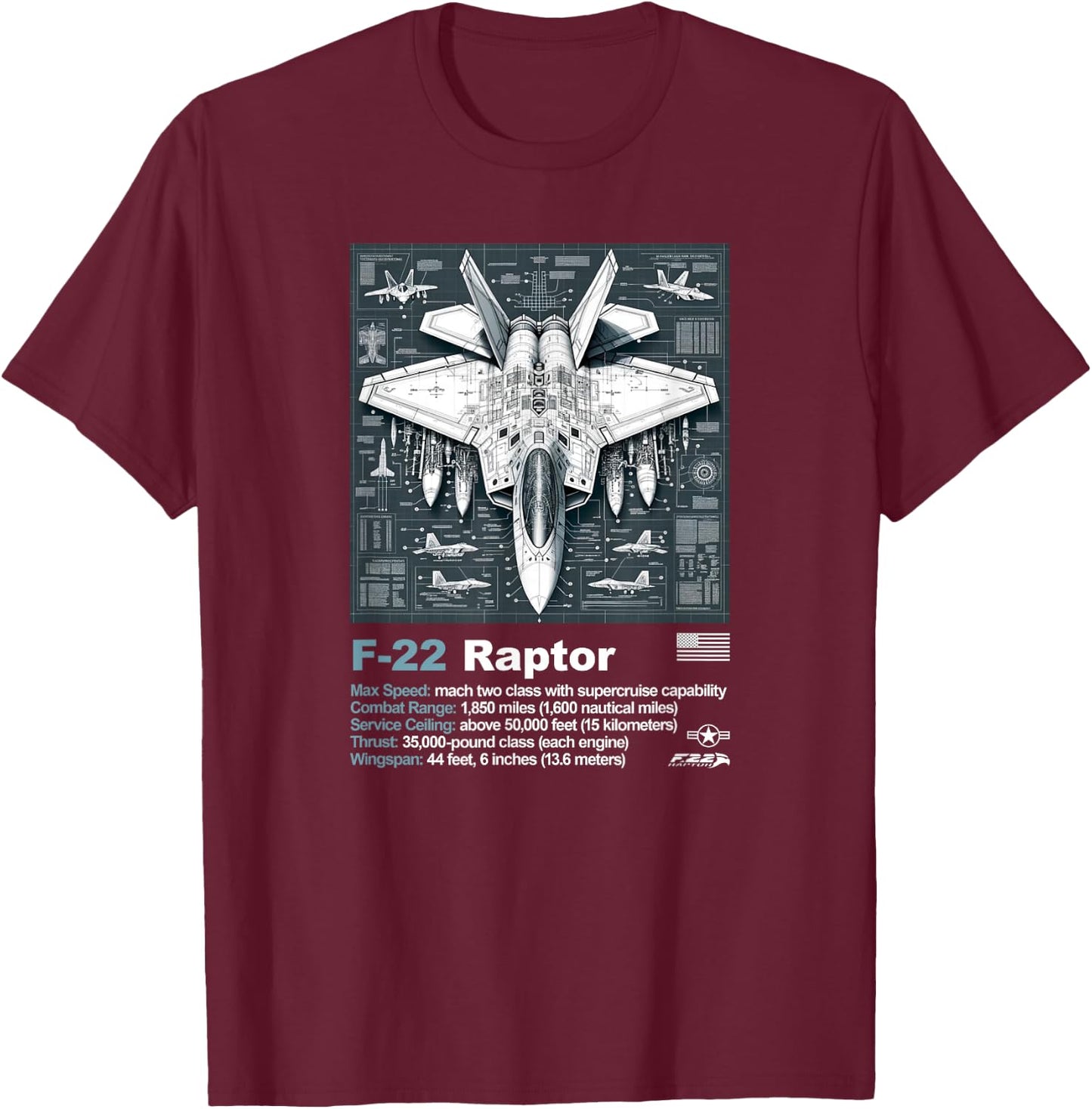 F-22 Raptor Blueprint Technical Schematic - Aviation Art T-Shirt - T-Shirt | Maroon