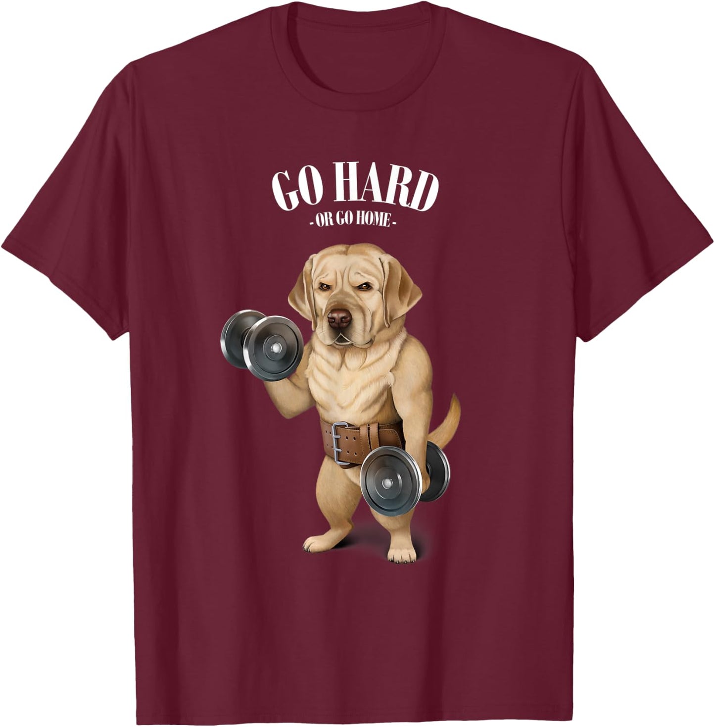 Labrador Retriever Dog Muscle Training with Dumbbell T-Shirt - T-Shirt | Maroon