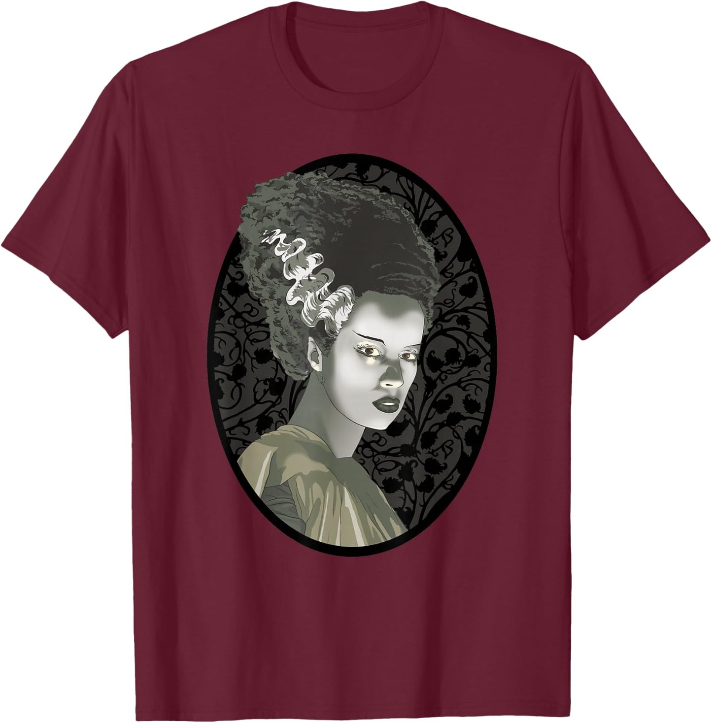 Universal Monsters Bride Of Frankenstein Cartoon Portrait T-Shirt - T-Shirt | Maroon