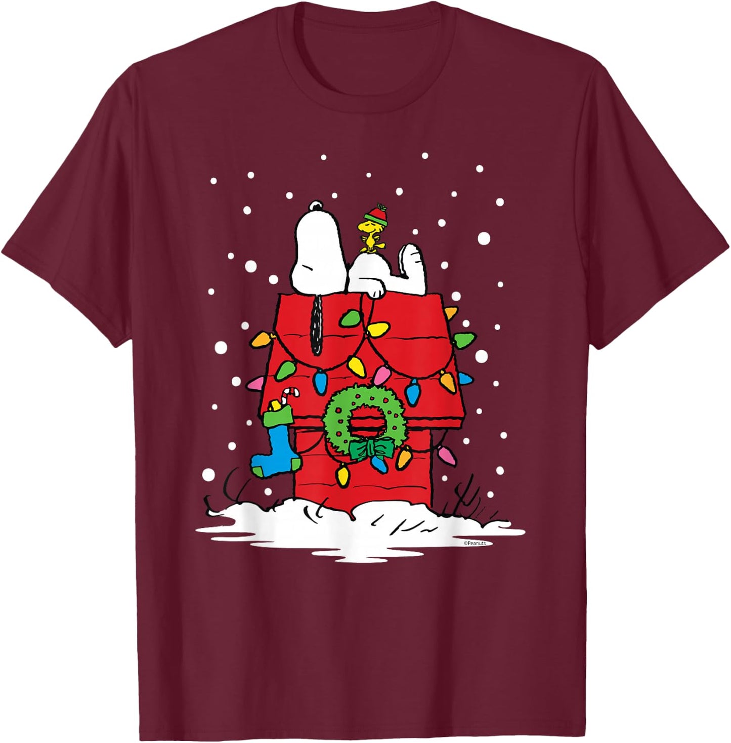 Peanuts Holiday Snoopy and Woodstock Stocking T-Shirt - T-Shirt | Maroon