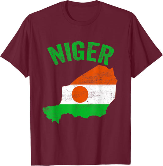Distressed Retro Niger Flag Niger Map Patriotic Women Kids Men T-Shirt - T-Shirt | Maroon