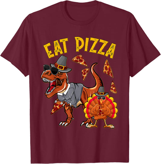 Eat Pizza Funny Turkey T Rex Youth Thanksgiving Boys Toddler T-Shirt - T-Shirt | Maroon