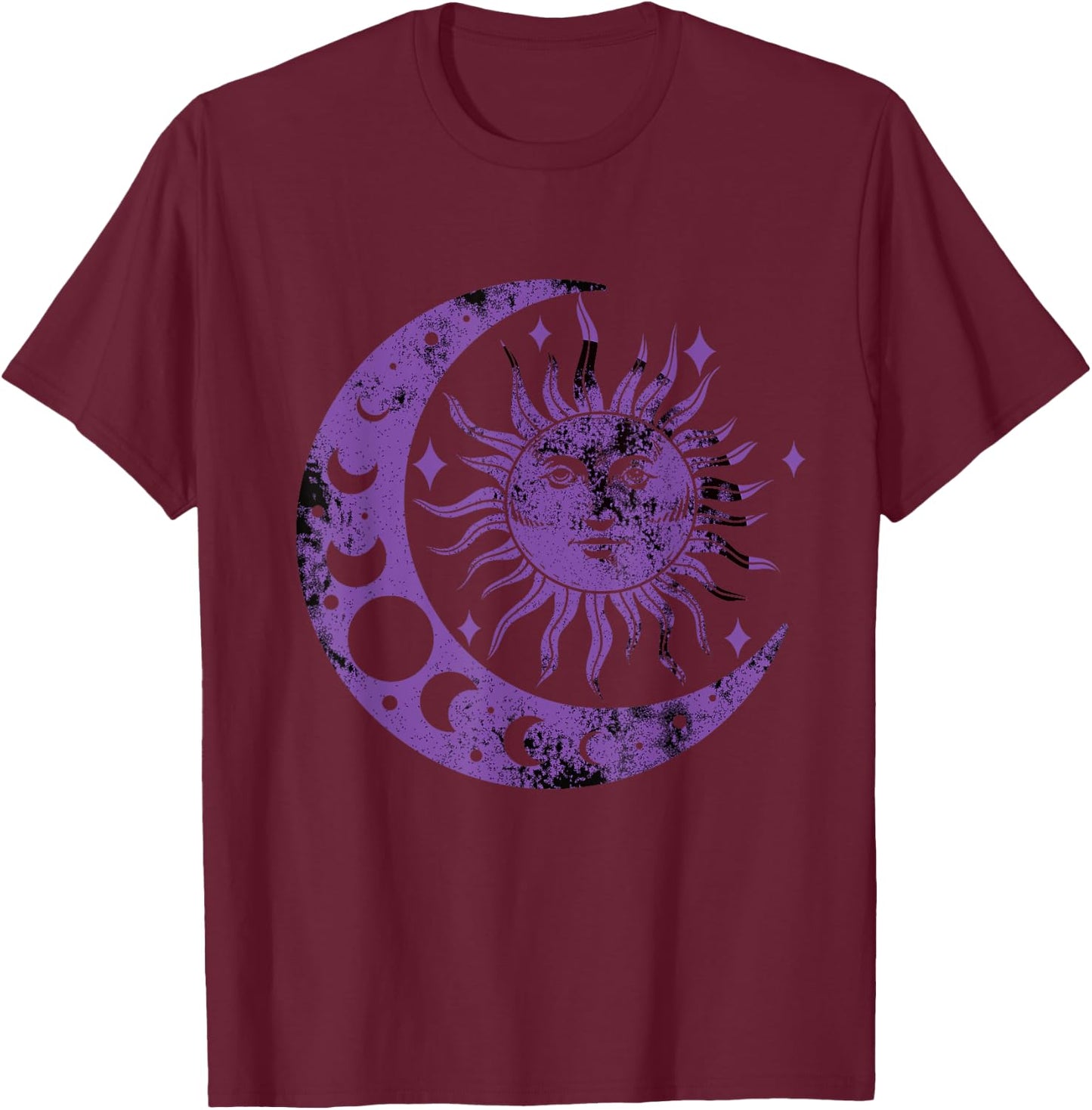 Meditation Yin Yang Sun Moon Distressed Purple T-Shirt - T-Shirt | Maroon