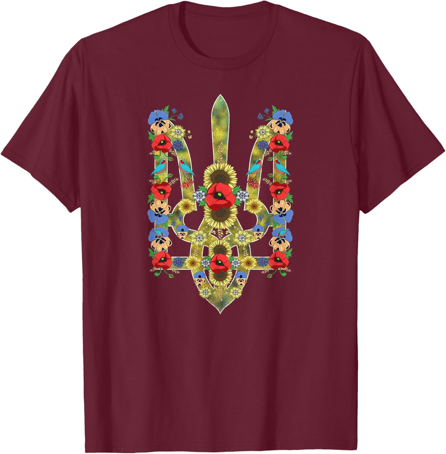 Ukrainian Trysub Sunflower Retro Floral Ukraine Vyshyvanka T-Shirt - T-Shirt | Maroon