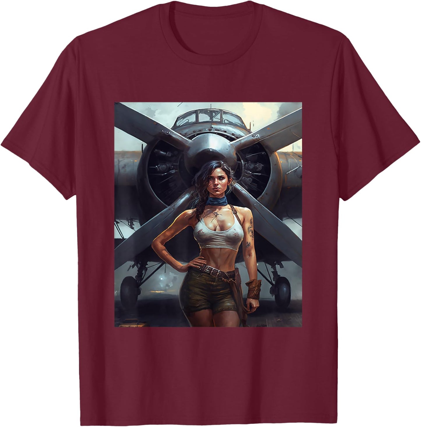 Strong Military Pinup Woman With Tattoos Airplane Retro Art T-Shirt - T-Shirt | Maroon