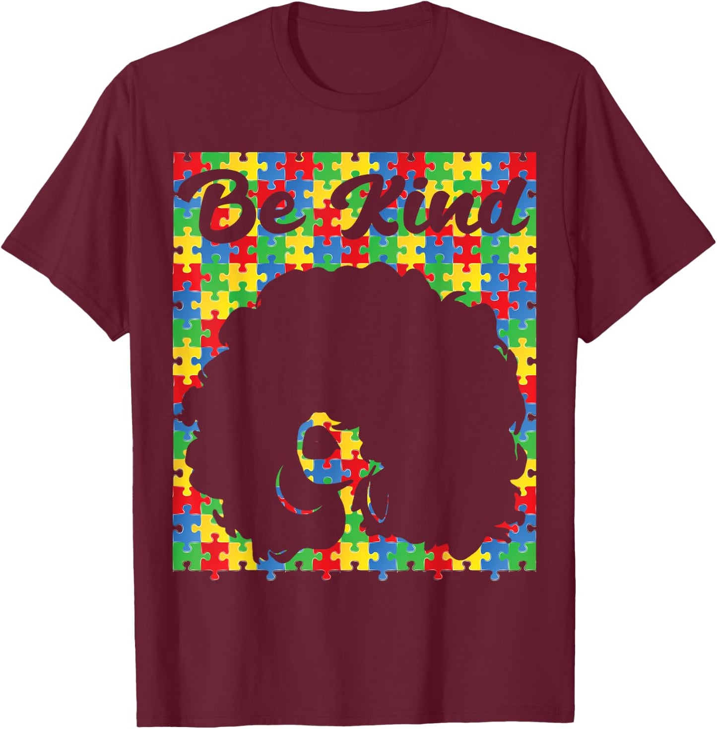 Be Kind Autism Awareness Afro Girl African american puzzle T-Shirt - T-Shirt | Maroon