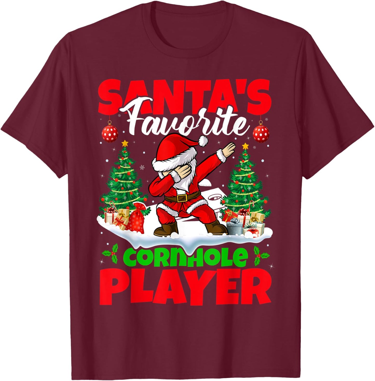 Xmas Dabbing Santa's Favorite Cornhole Player Christmas T-Shirt - T-Shirt | Maroon