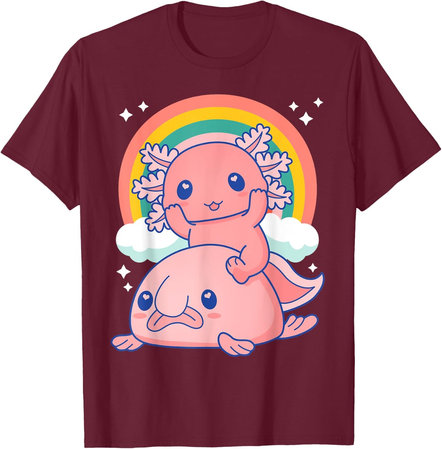 Cute Kawaii Pink Axolotl Riding a Blob Fish T-Shirt - T-Shirt | Maroon
