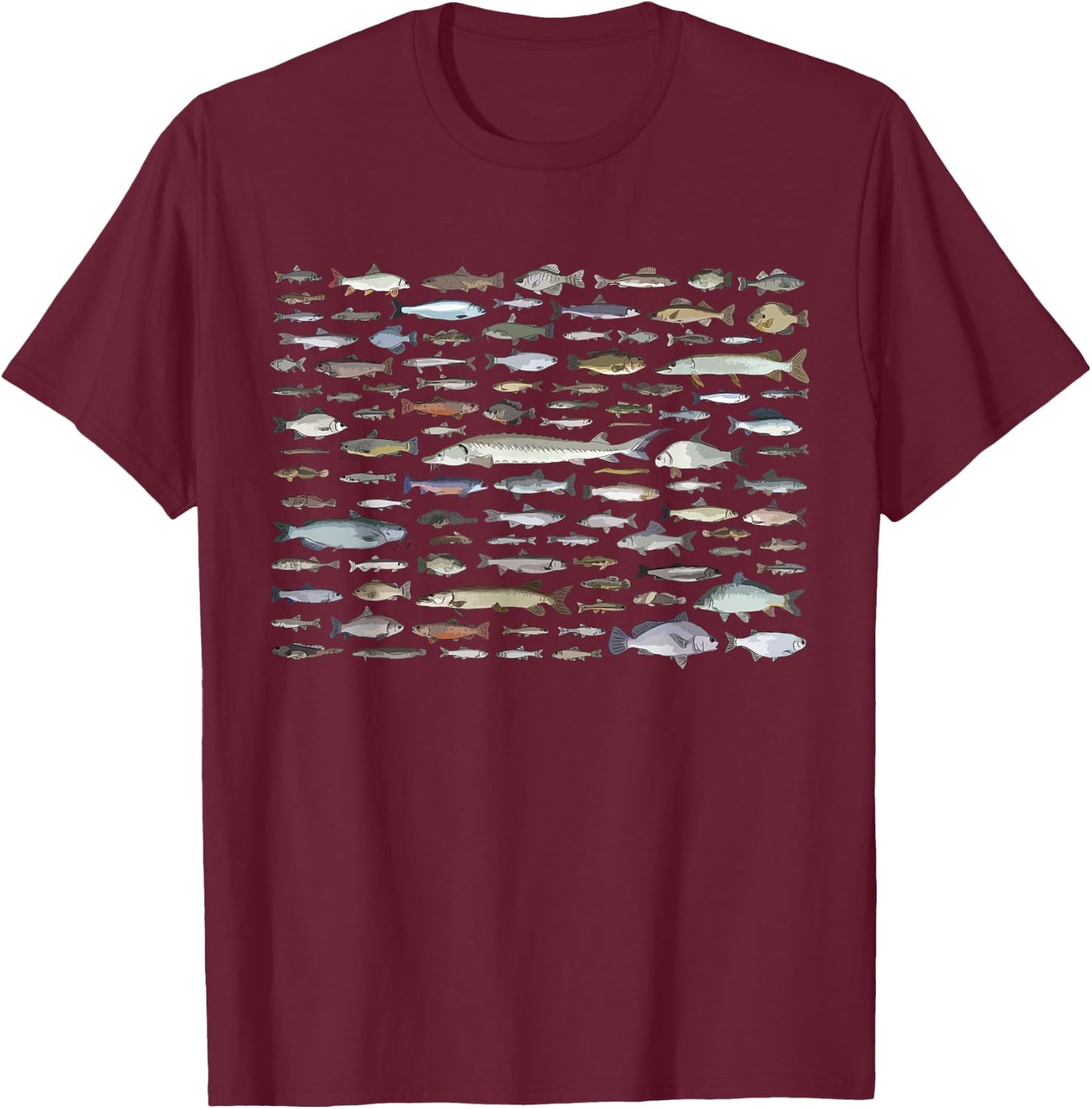 100 Types Of Freshwater Fish Species Fishing T-Shirt - T-Shirt | Maroon