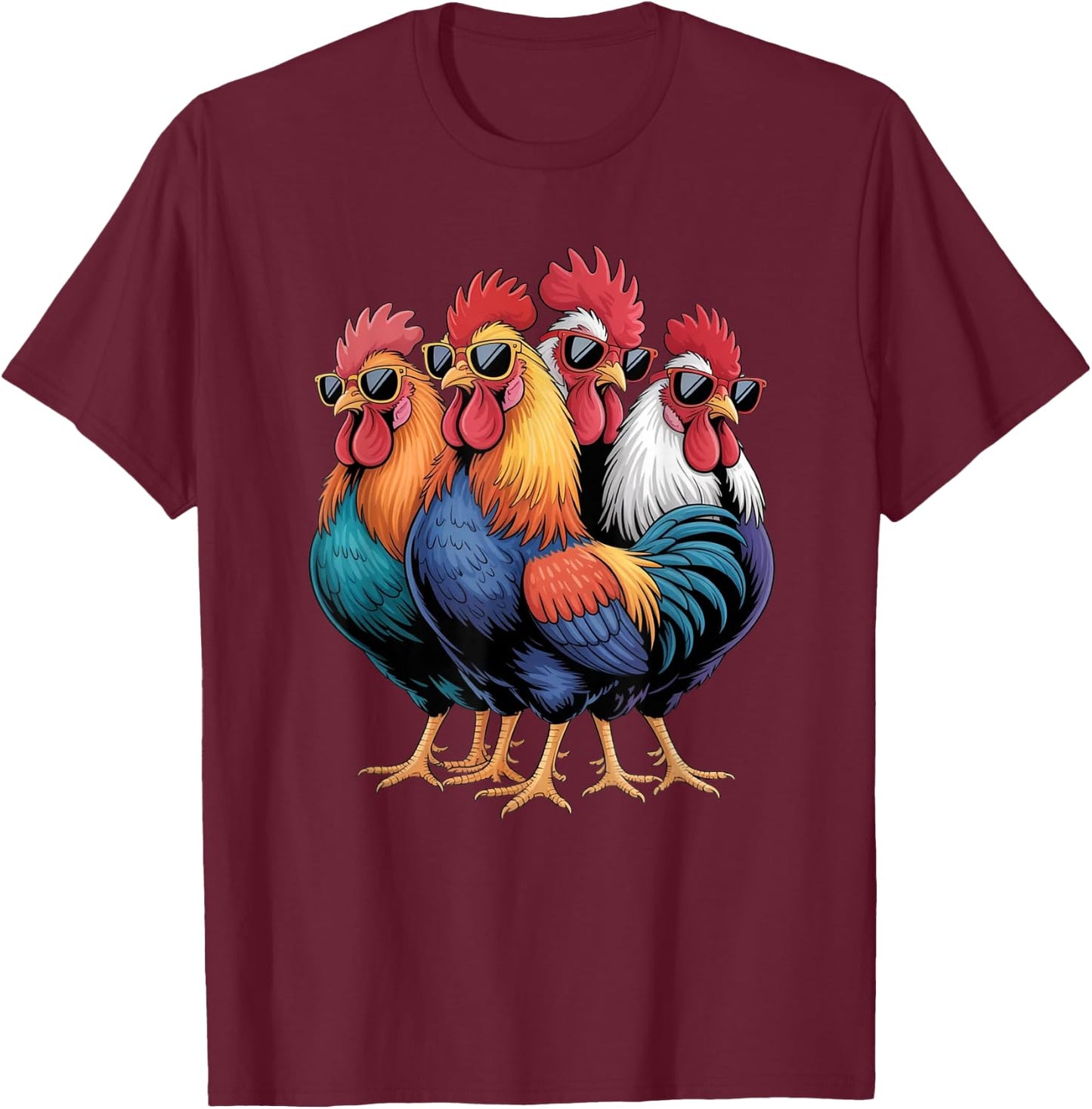 Cool Roosters with Sunglasses Colorful Chicken Farm Humour T-Shirt - T-Shirt | Maroon
