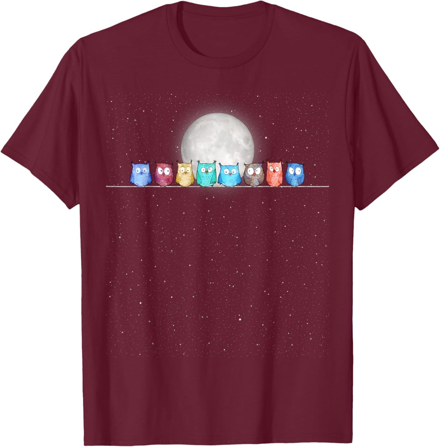 Starry Night Owls T-Shirt - T-Shirt | Maroon