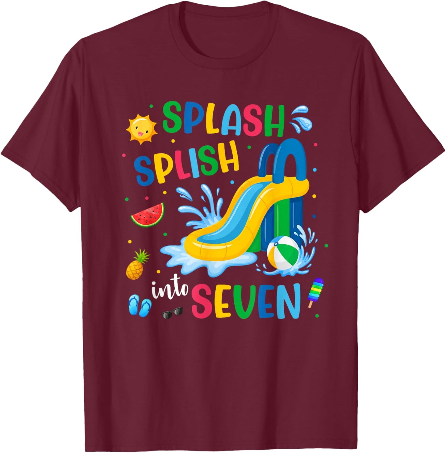 Splash Into Seven Year Old 7th Birthday Summer Pool Party T-Shirt - T-Shirt | Maroon