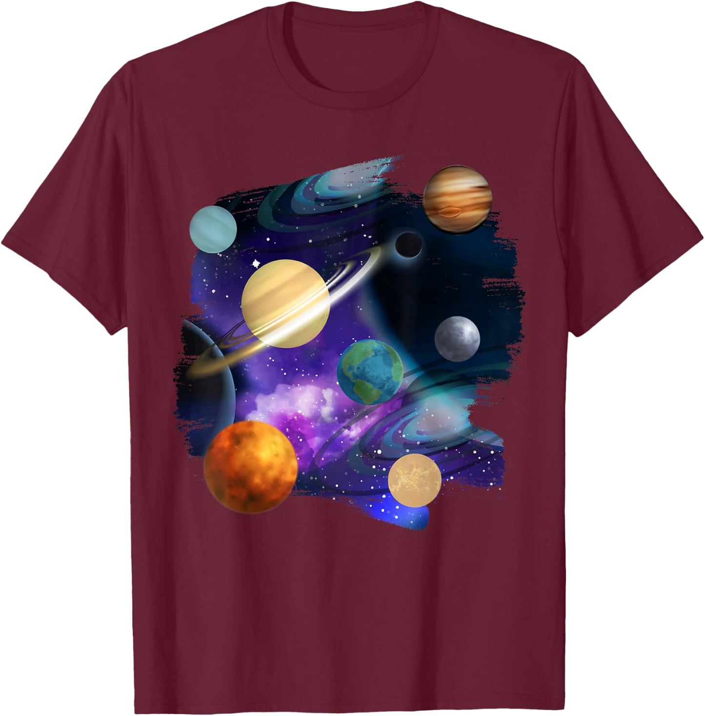 Colorful Solar System Graphic Space T-Shirt - T-Shirt | Maroon