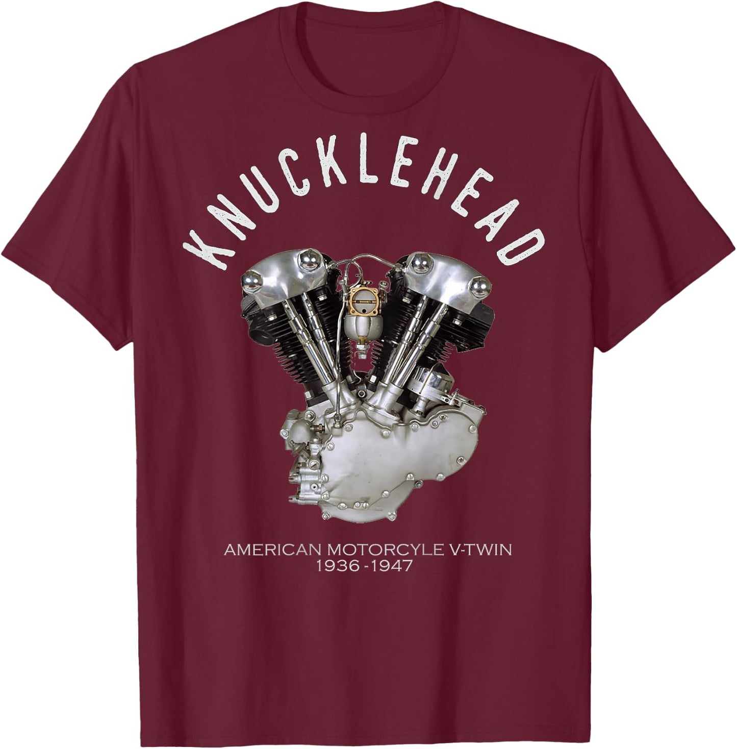 Old School V-Twin Knuckle Head Image Logo on Back Dark Color T-Shirt - T-Shirt | Maroon