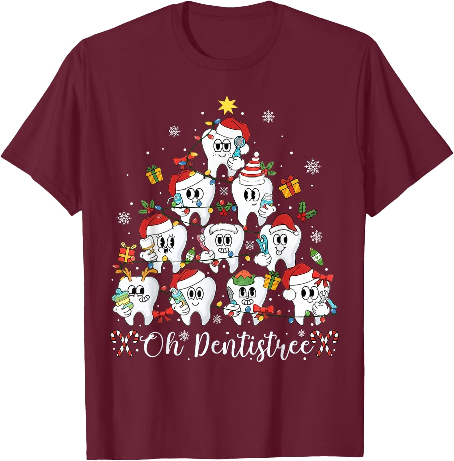 Oh Dentistree Teeth Christmas Tree Dental Dentist Men Women T-Shirt - T-Shirt | Maroon