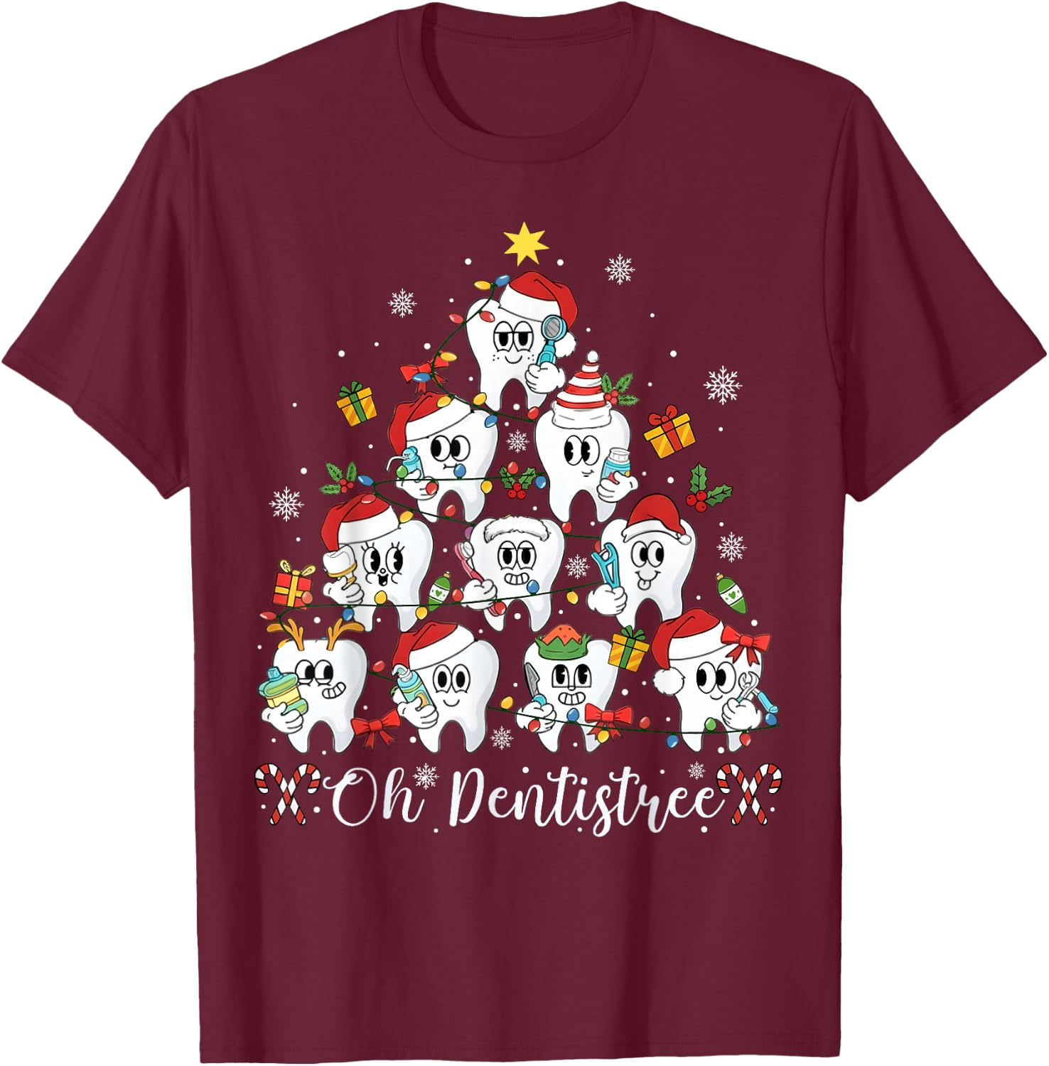 Oh Dentistree Teeth Christmas Tree Dental Dentist Men Women T-Shirt - T-Shirt | Maroon