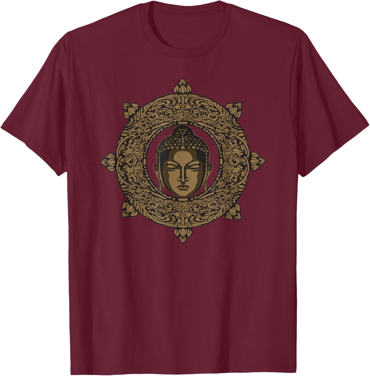 Golden Buddha Head Lotus Flower Dharma Wheel T-Shirt - T-Shirt | Maroon