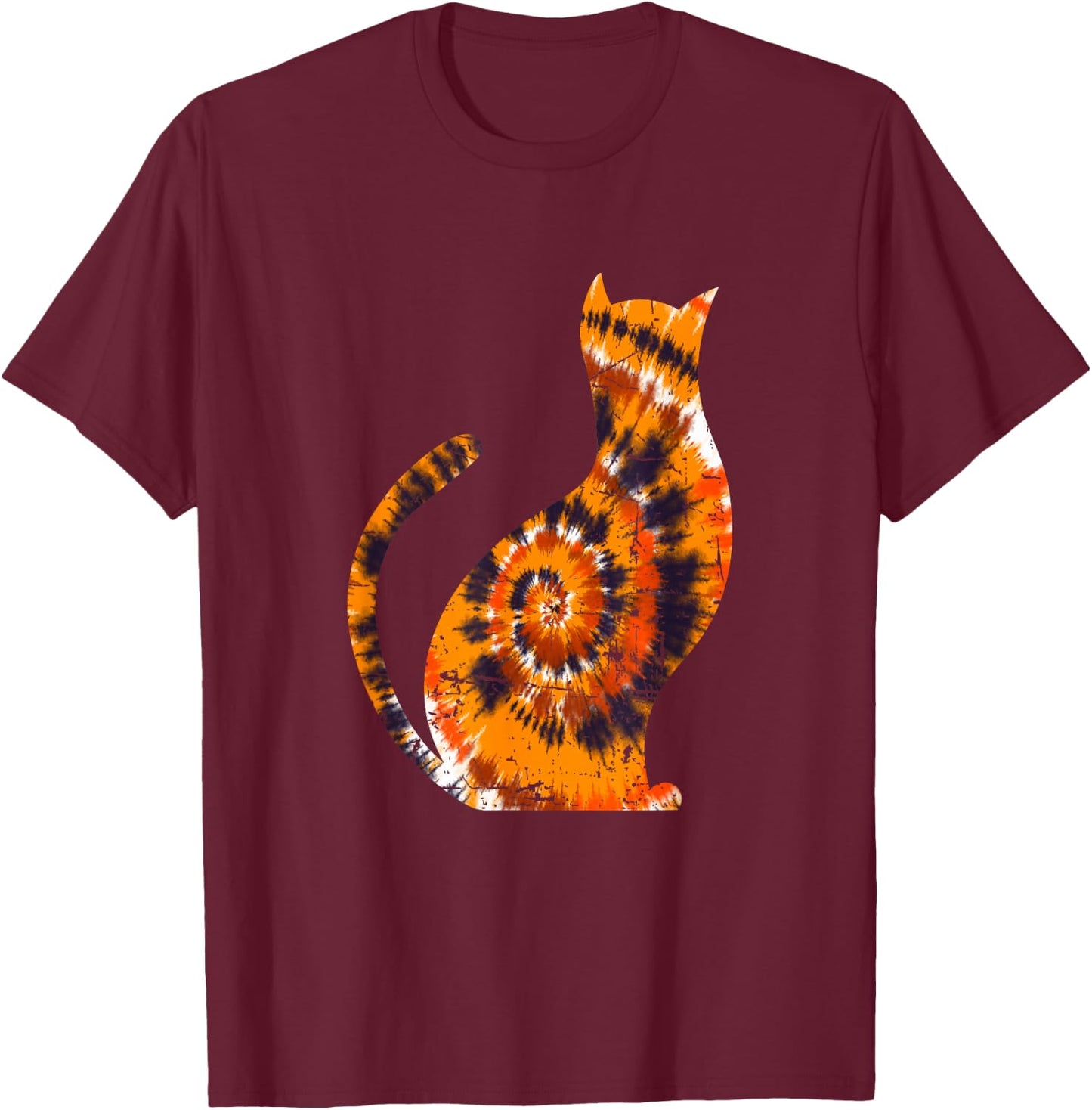 Orange Tie Dye Halloween Cat T-Shirt - T-Shirt | Maroon
