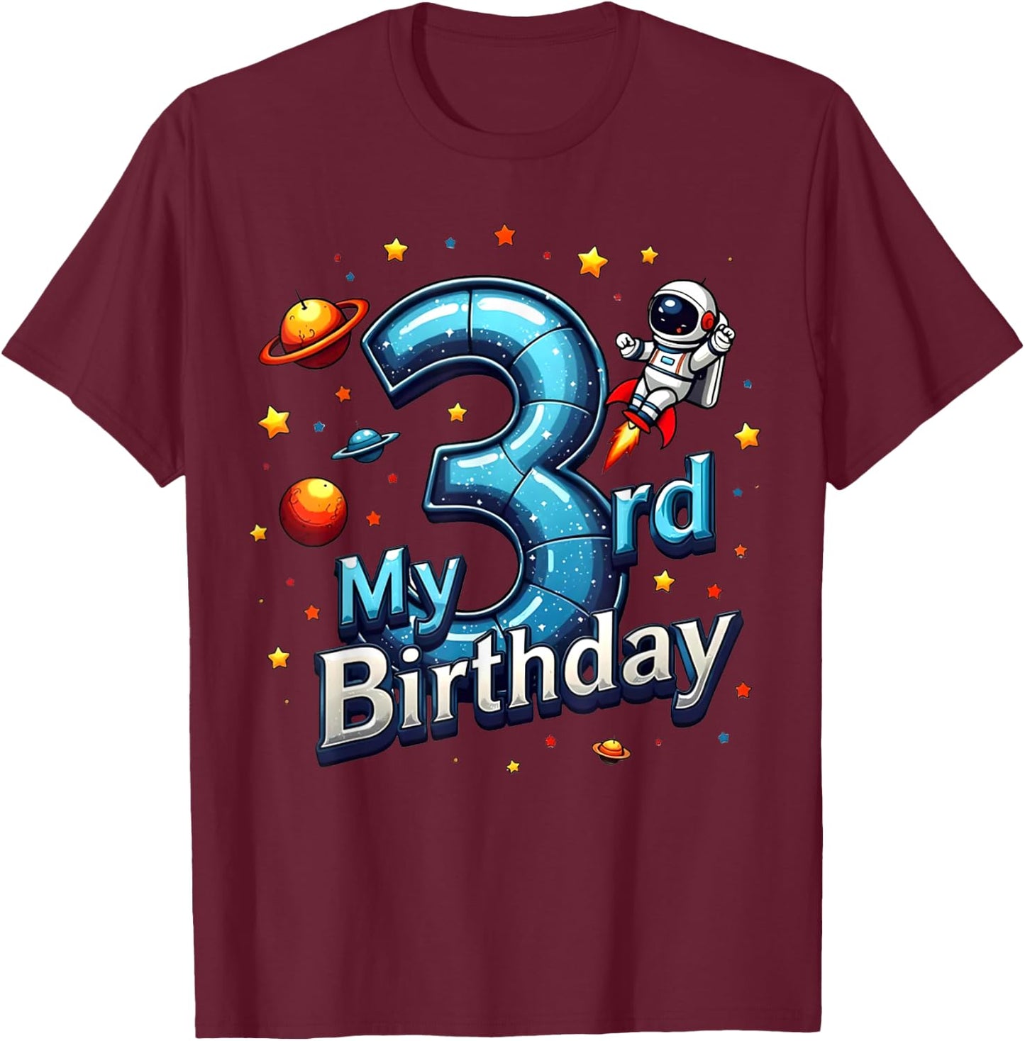 3 Years Old Birthday Boy Kids Astronaut 3rd Bday Space Party T-Shirt - T-Shirt | Maroon