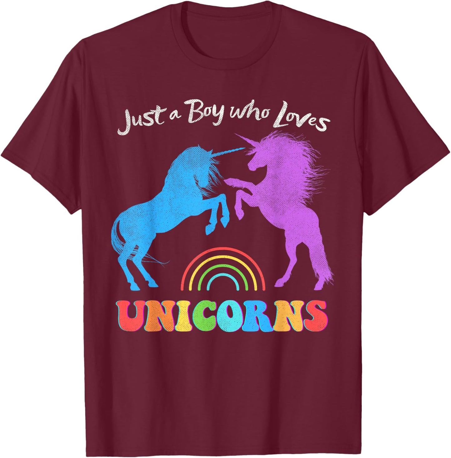 Funny Just a Boy who Loves Unicorns Retro Rainbow Distressed T-Shirt - T-Shirt | Maroon