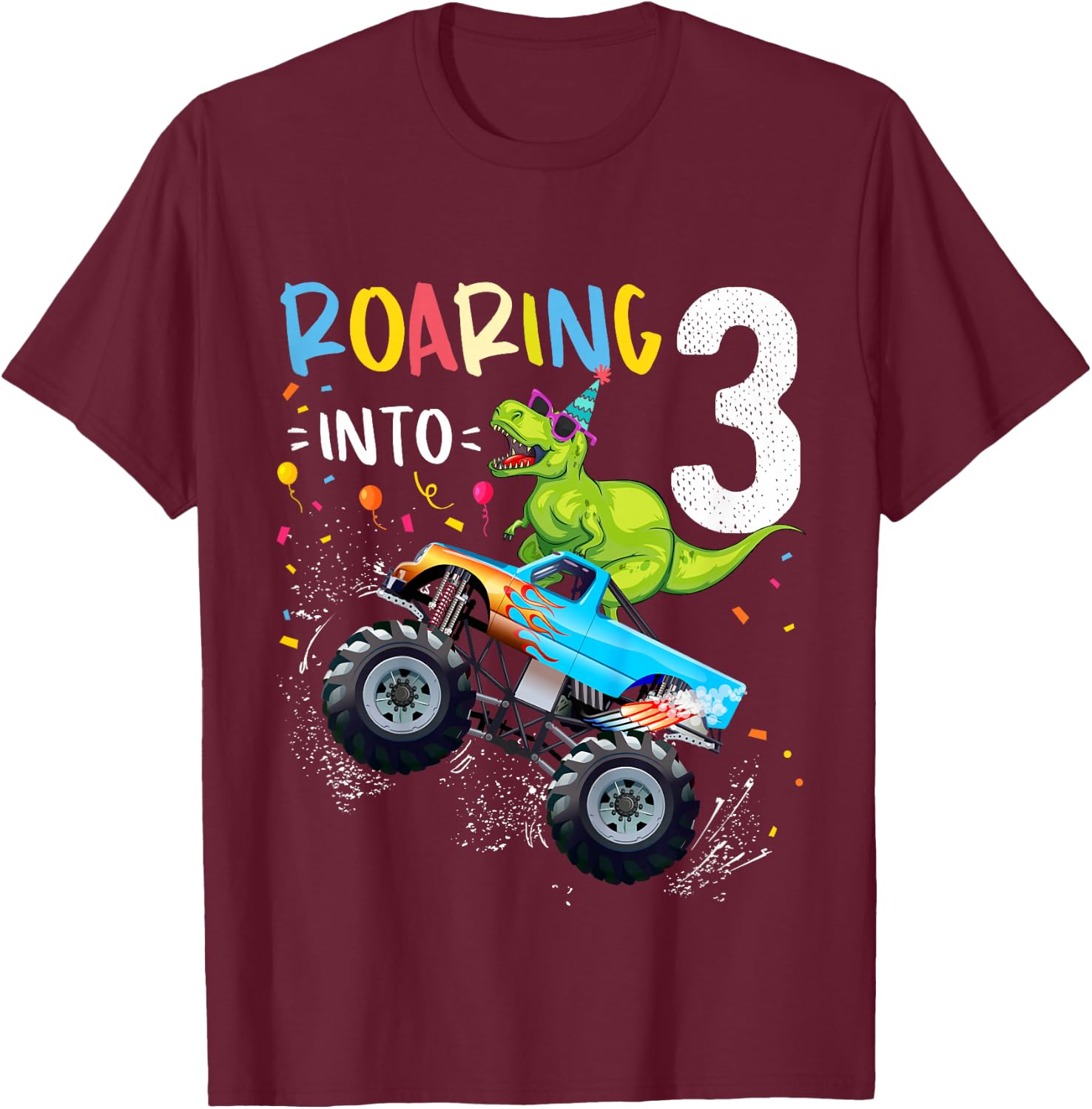 3rd Birthday T Rex Dinosaur Monster Truck Boys and Girls T-Shirt - T-Shirt | Maroon