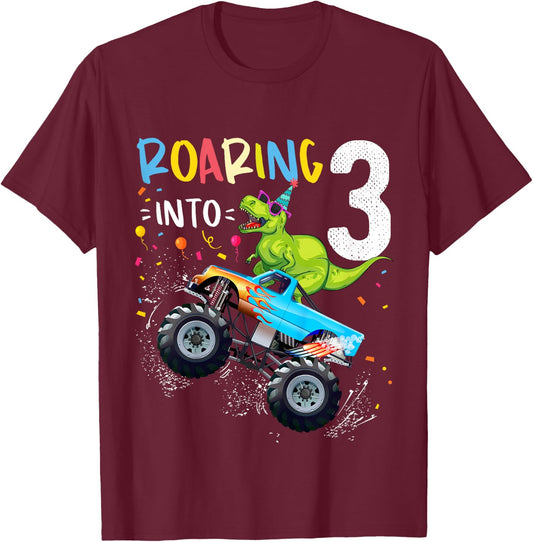 3rd Birthday T Rex Dinosaur Monster Truck Boys and Girls T-Shirt - T-Shirt | Maroon
