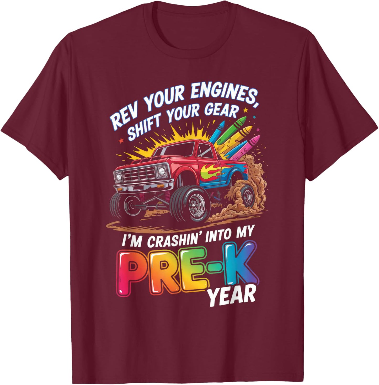 Back to School Pre-K Preschool Monster Truck First Day Boys T-Shirt - T-Shirt | Maroon