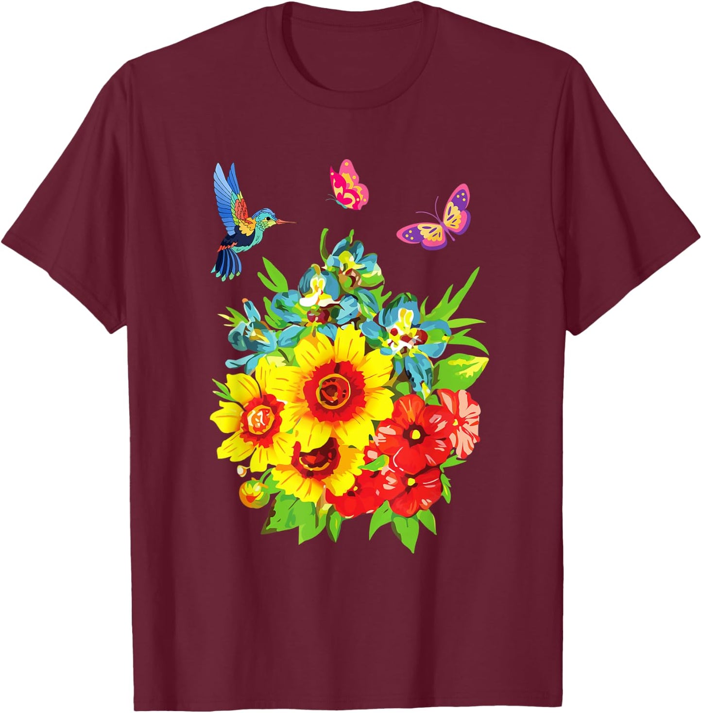 Hummingbird Flower Butterfly Design T-Shirt - T-Shirt | Maroon