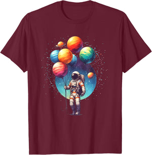 Astronaut Holding Planet Balloons Boy Girl Kids STEM T-Shirt - T-Shirt | Maroon