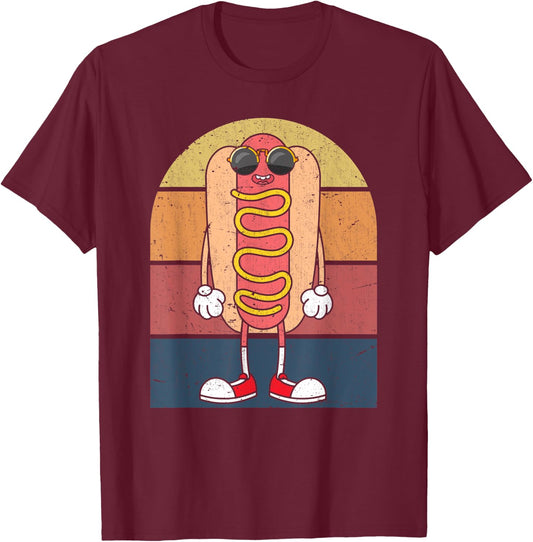 Cool Hot Dog Fast Food Sunglasses Weiner Foodie Retro Hotdog Men Women Kids T-Shirt - T-Shirt | Maroon