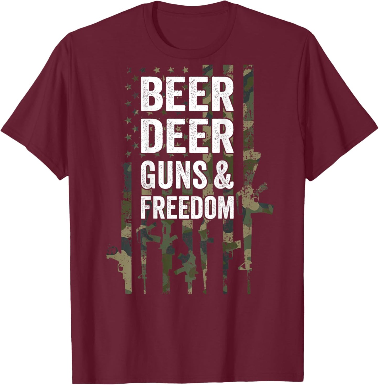 Beer Deer Guns & Freedom - Funny Buck Hunting CAMO - ON BACK Men T-Shirt - T-Shirt | Maroon