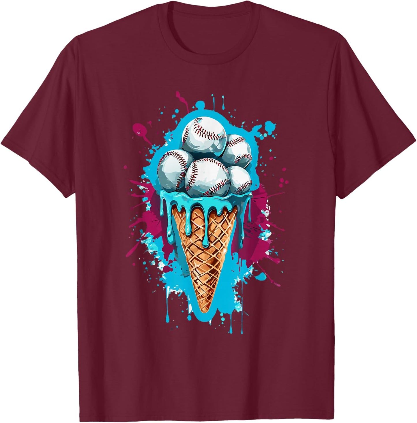 Baseball Ice Cream Watercolor T-Shirt - T-Shirt | Maroon