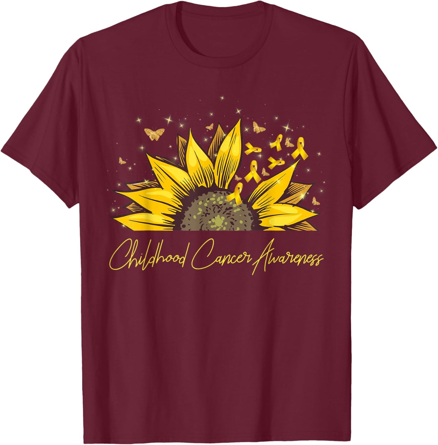 Gold Ribbon Sunflower Childhood Cancer Awareness Support T-Shirt - T-Shirt | Maroon