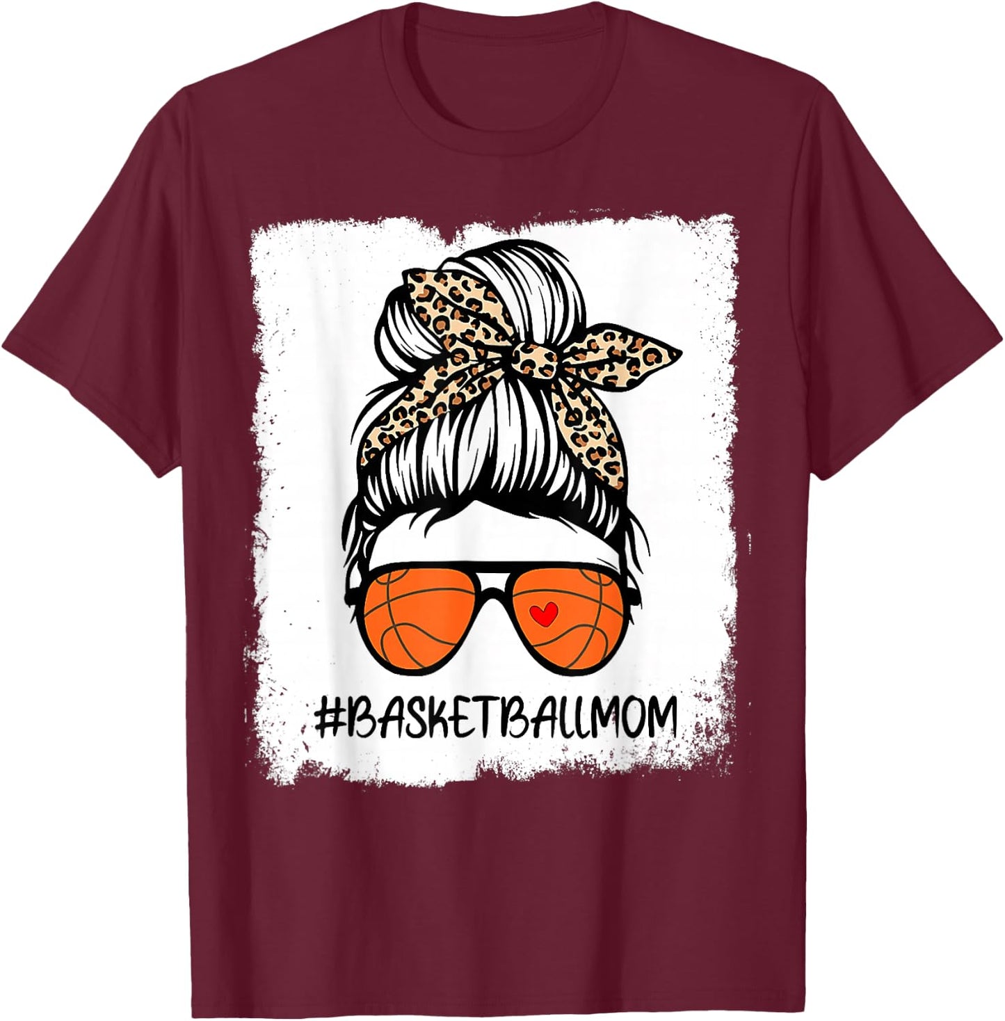 Bleached Basketball Mom Life Leopard Messy Bun Game Day T-Shirt - T-Shirt | Maroon