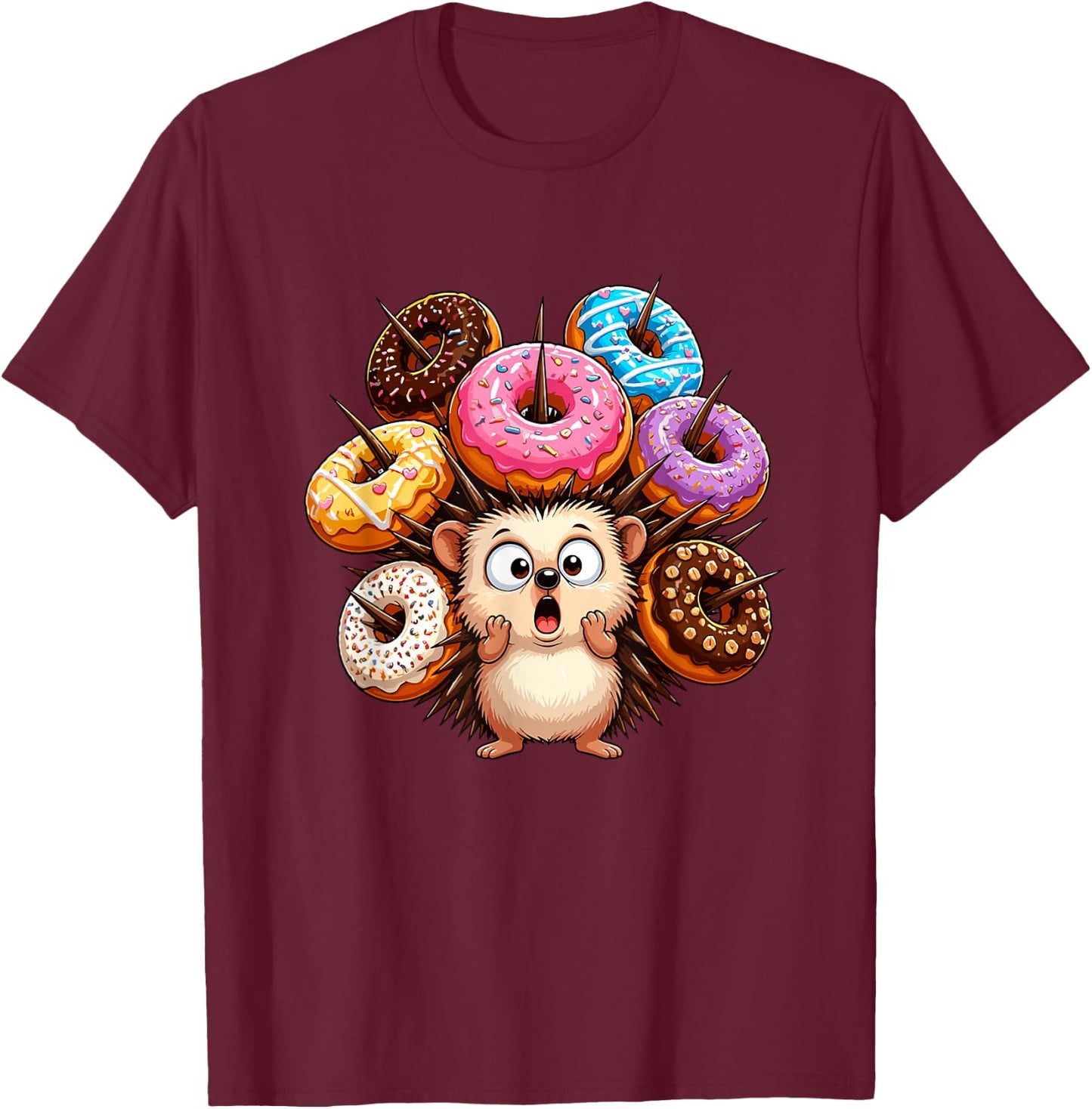 Adorable Hedgehog Surrounded By Colorful Donuts T-Shirt - T-Shirt | Maroon