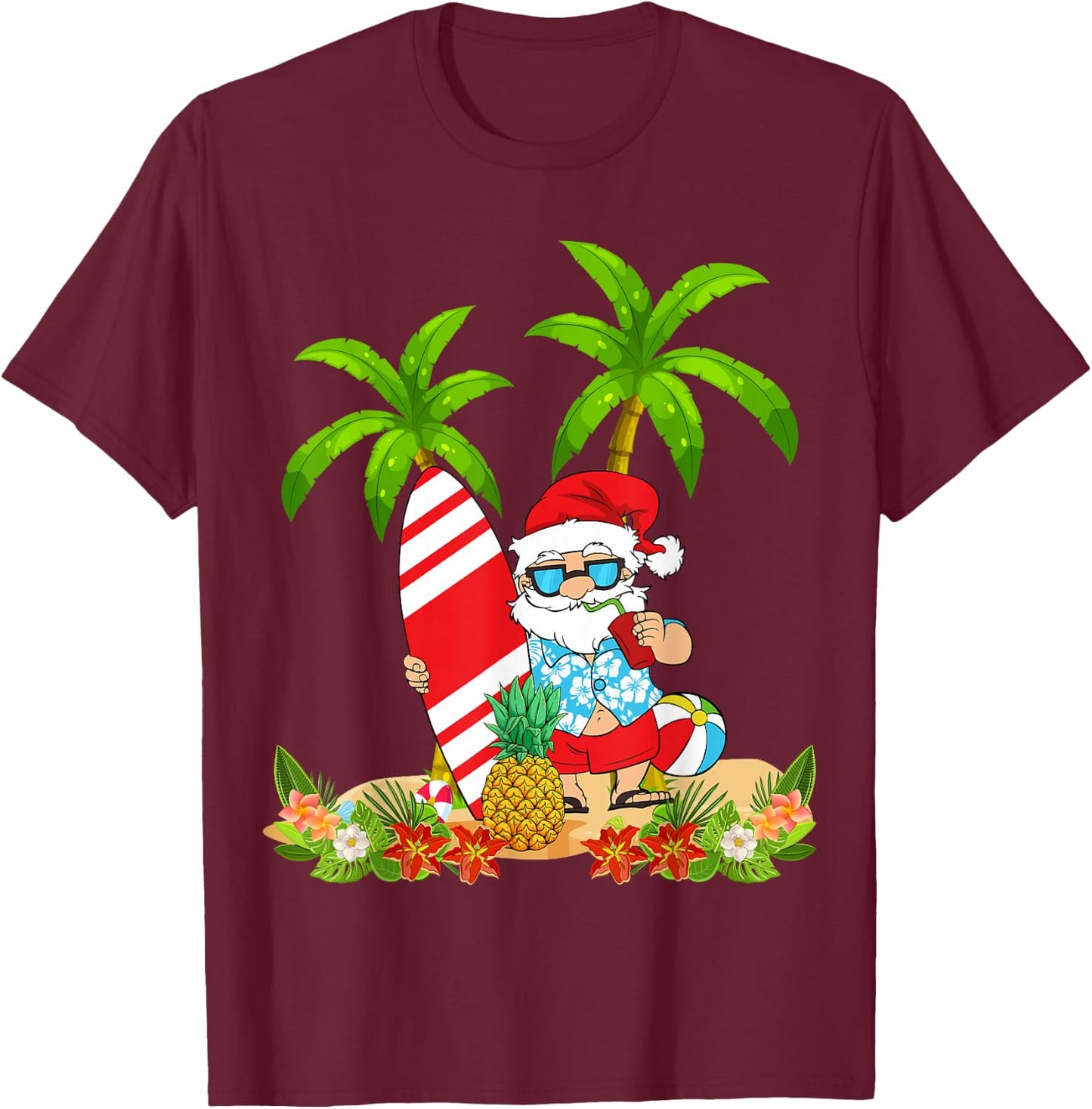Santa Summer Surfing Christmas In July Beach Vacation T-Shirt - T-Shirt | Maroon