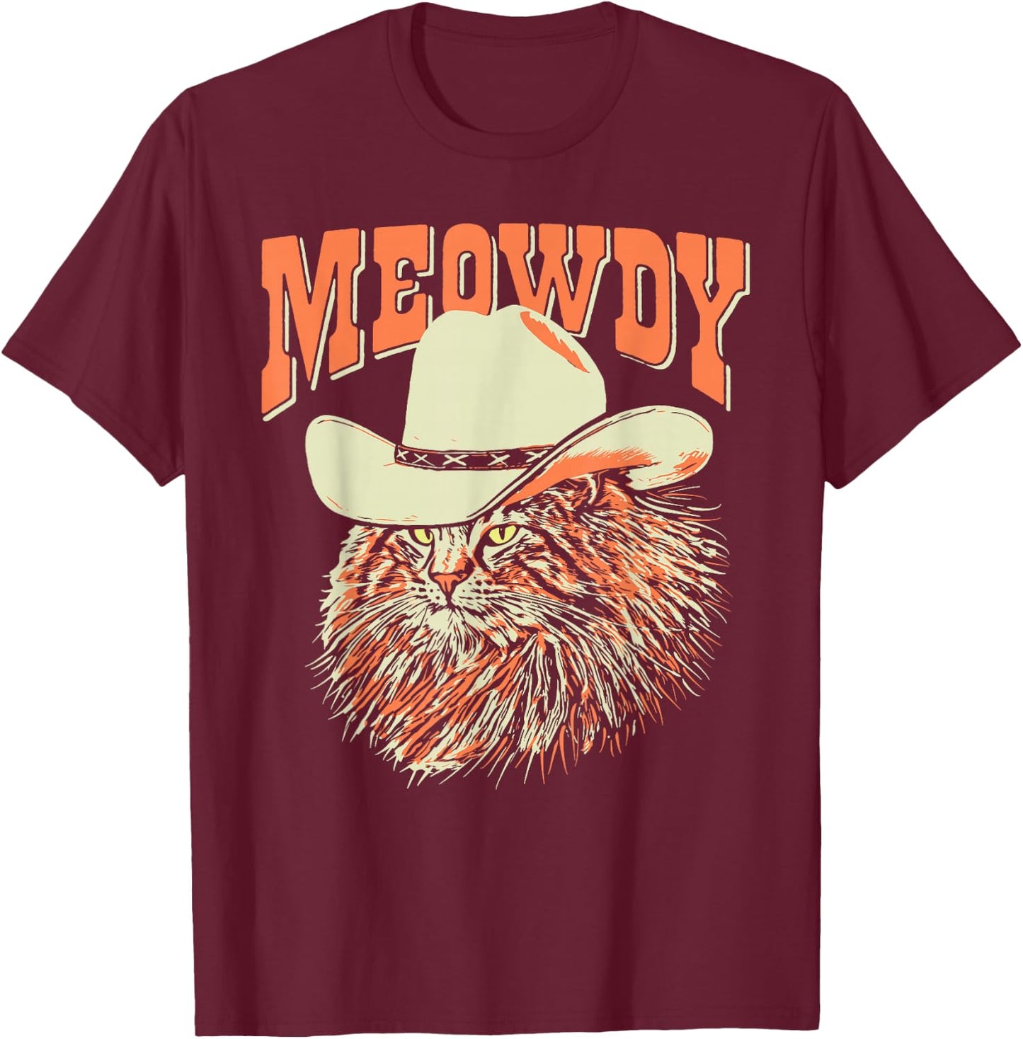 Southern Timbers Meowdy! Funny Country Music Cat Cowboy Hat Vintage Brown T-Shirt - T-Shirt | Maroon