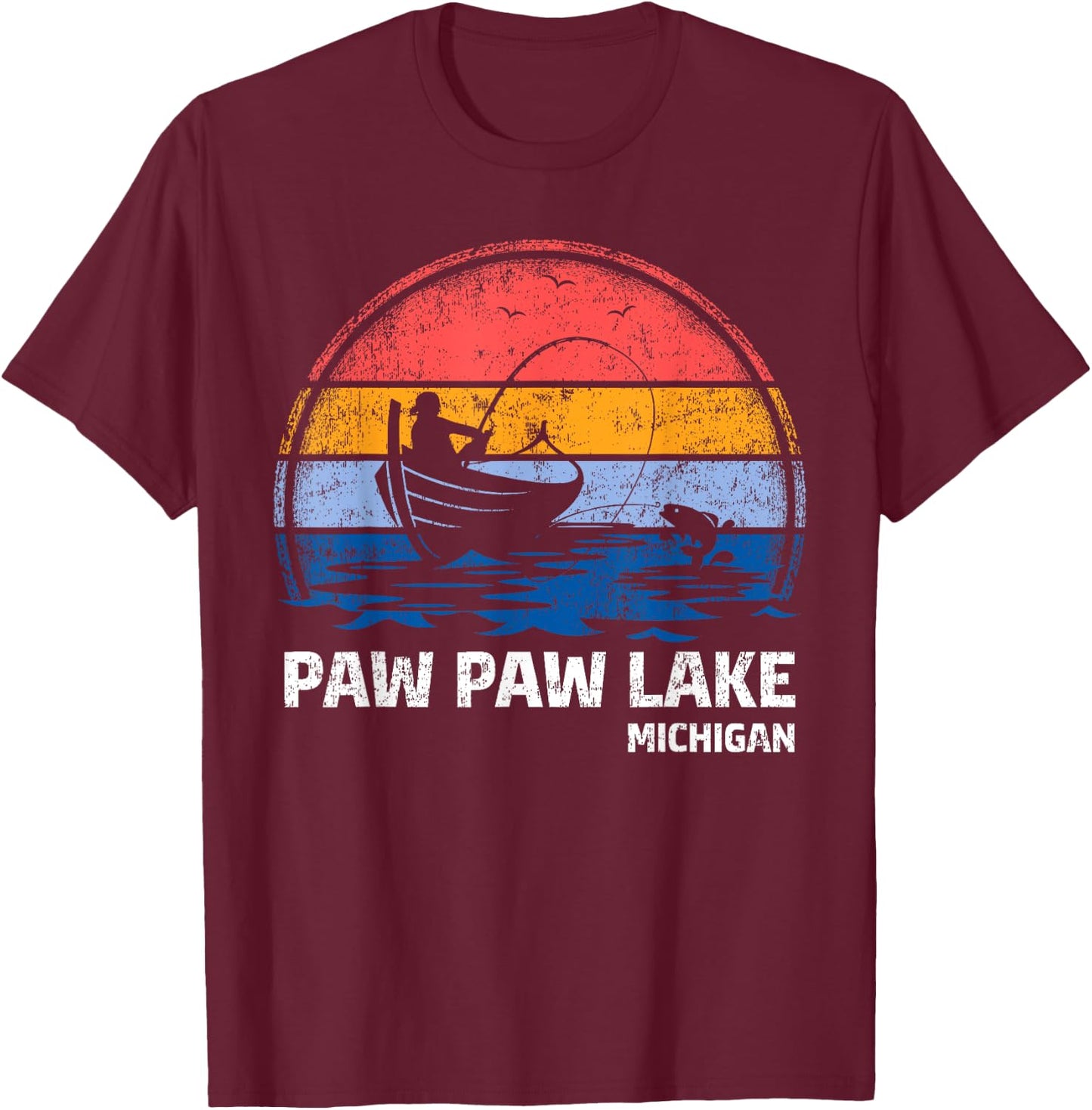 Vintage Retro Michigan Paw Paw Lake Summer Fishing Women Girls Kids T-Shirt - T-Shirt | Maroon