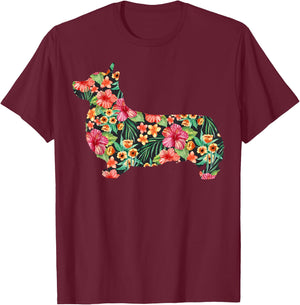 Corgi Flower Funny Dog Silhouette Floral Gifts Women Men T-Shirt - T-Shirt | Maroon