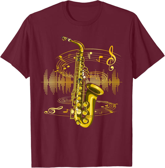Music Sheet Music Saxophonist Clef Jazz Musician Saxophone T-Shirt - T-Shirt | Maroon