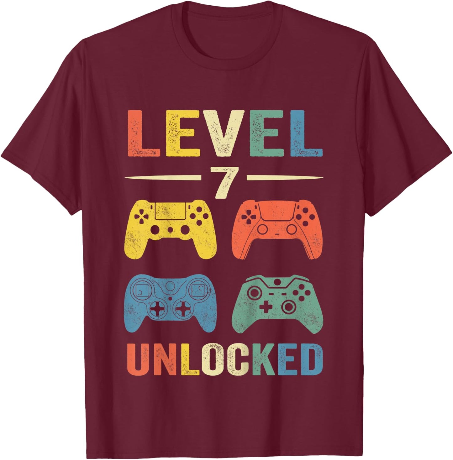 Kids Level 7 Unlocked Video Game 7th Birthday Gift T-Shirt - T-Shirt | Maroon
