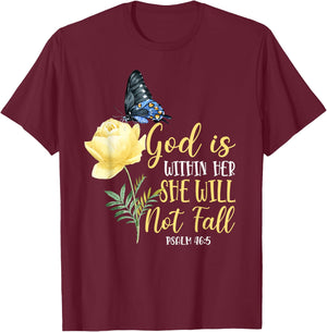 Christian Bible Verse Quote Butterfly Rose Flower Psalm 46:5 T-Shirt - T-Shirt | Maroon